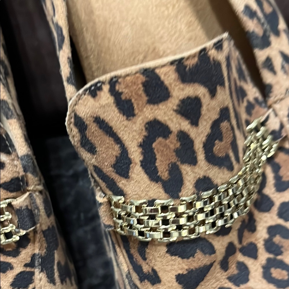 Vionic Leopard Print Loafers with Gold Chain